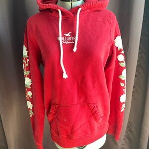 Hollister Red Hoodie with White Floral Sleeves